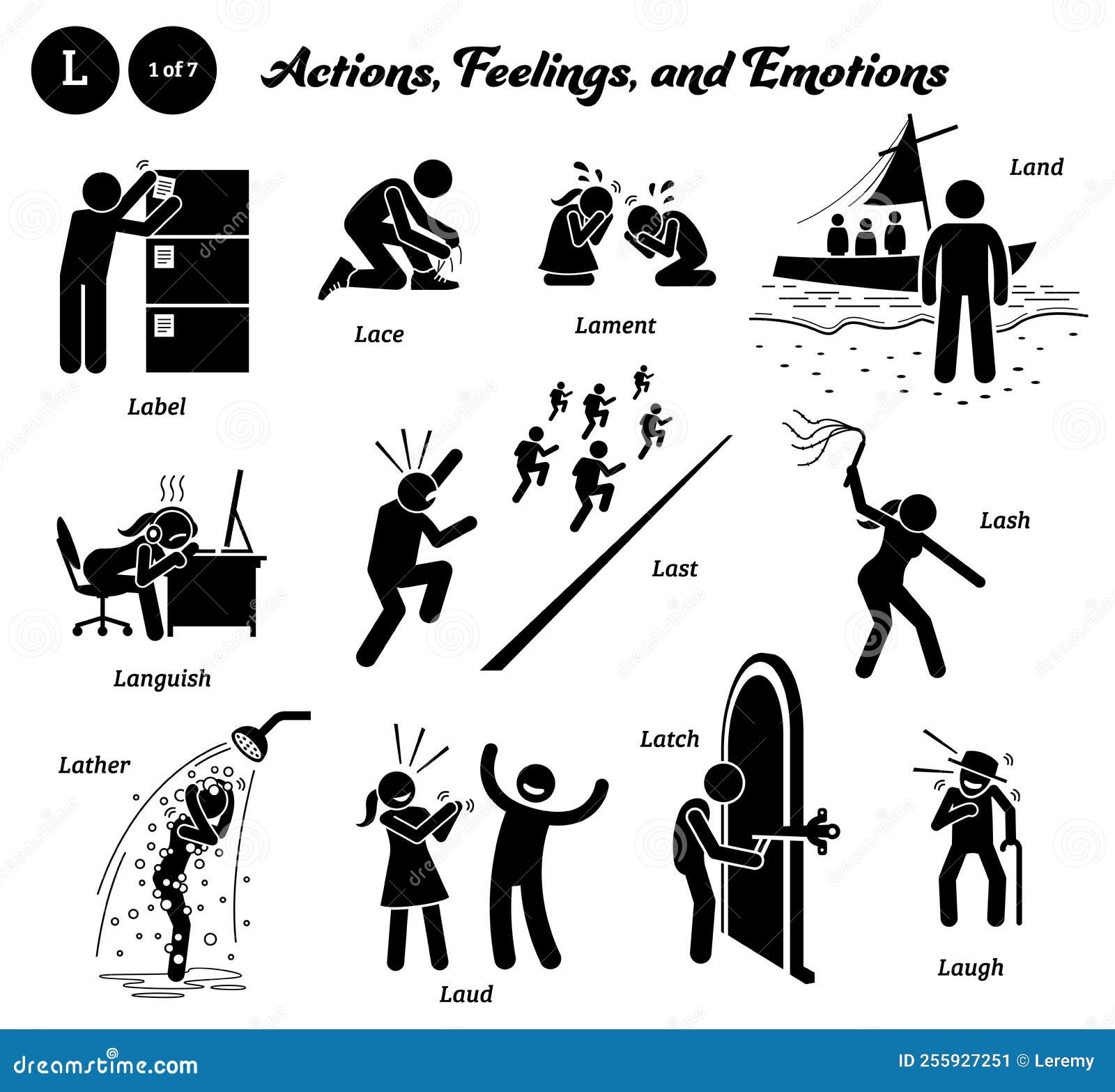 Stick figure human people man action, feelings, and emotions icons alphabet  M. Mate, maul, maximize, mean, measure, meddle, mediate, meditate, meet,  melt, memorize, and menace. Stock Vector