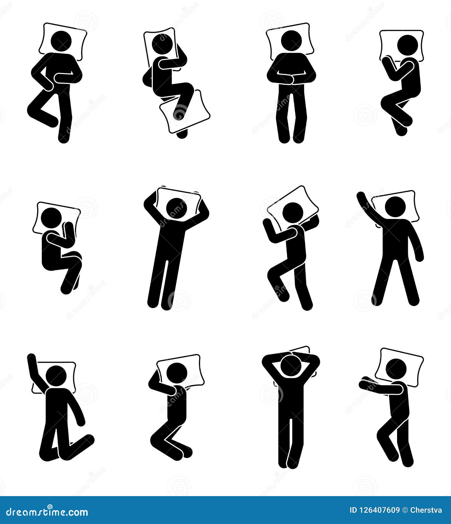 stick figure man sleeping icon set. deferent positions single male in bed pictogram.