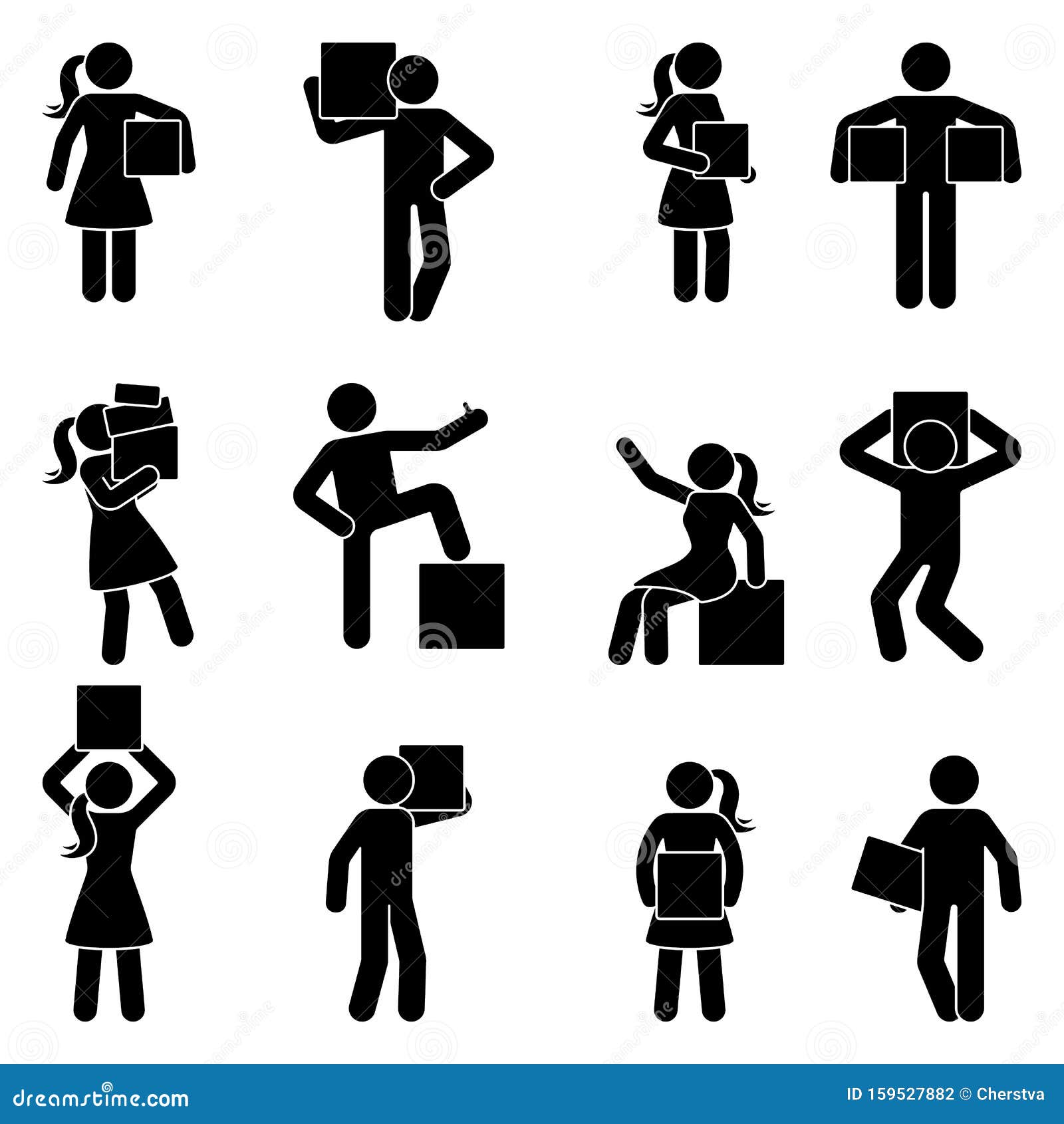 stick figure man and woman carrying box  icon pictogram. guy and lady holding, moving, standing silhouette.