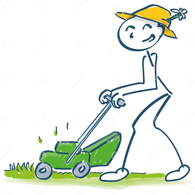 Stick Figure Mowing the Lawn with the Mower Cutting Grass Stock Vector ...