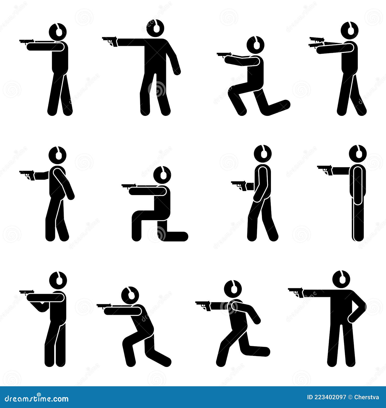 Stick Figure Shooter Man with Gun Vector Icon Illustration Set