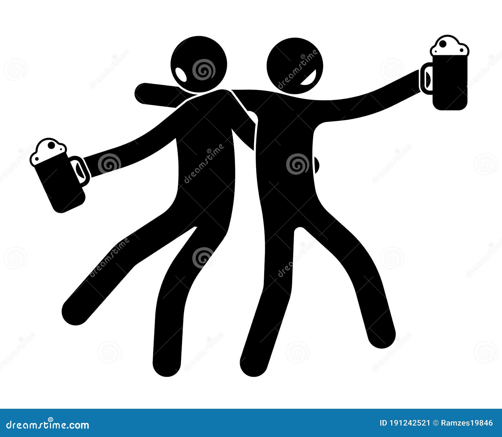 stick figure, two drunken comrades, friend return drunk from a beer restaurant, pub. mugs with alcoholic drink in hand. harm of
