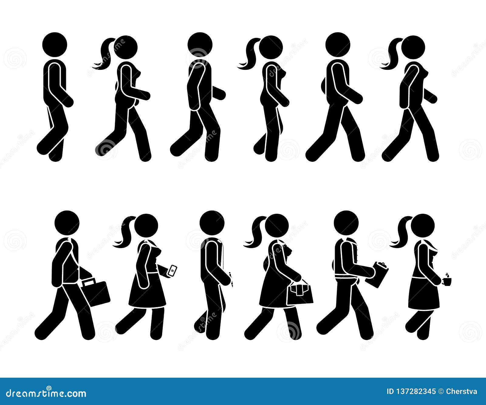 Stick Figure Walking Man and Woman Vector Icon Set. Group of People Moving  Forward Sequence Pictogram. Stock Vector - Illustration of moving, male:  137282345