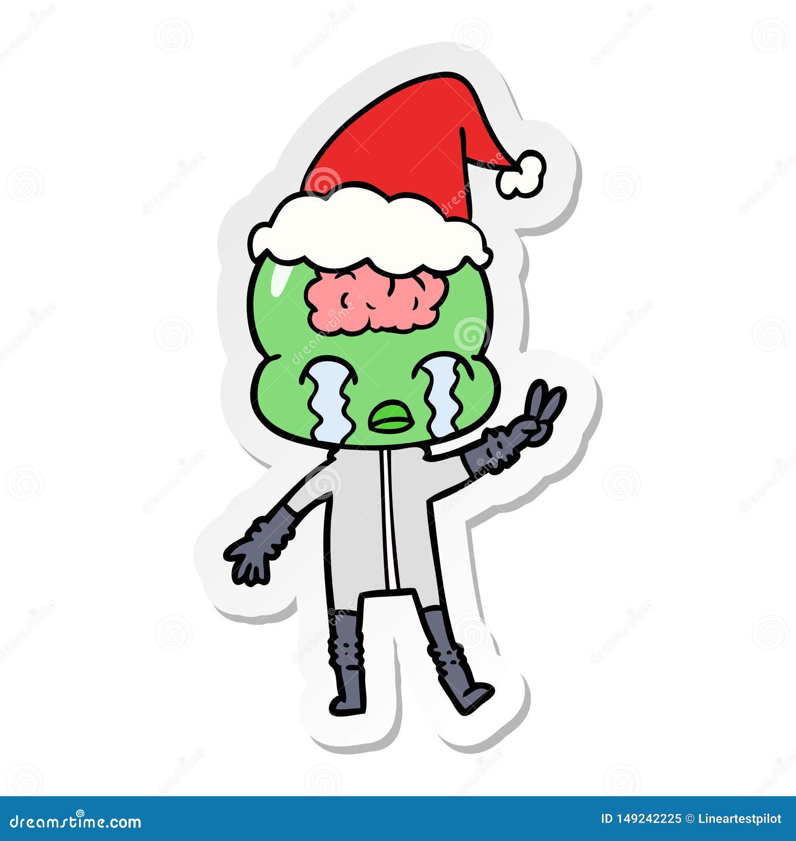 Sticker Cartoon of a Big Brain Alien Crying and Giving Peace Sign ...