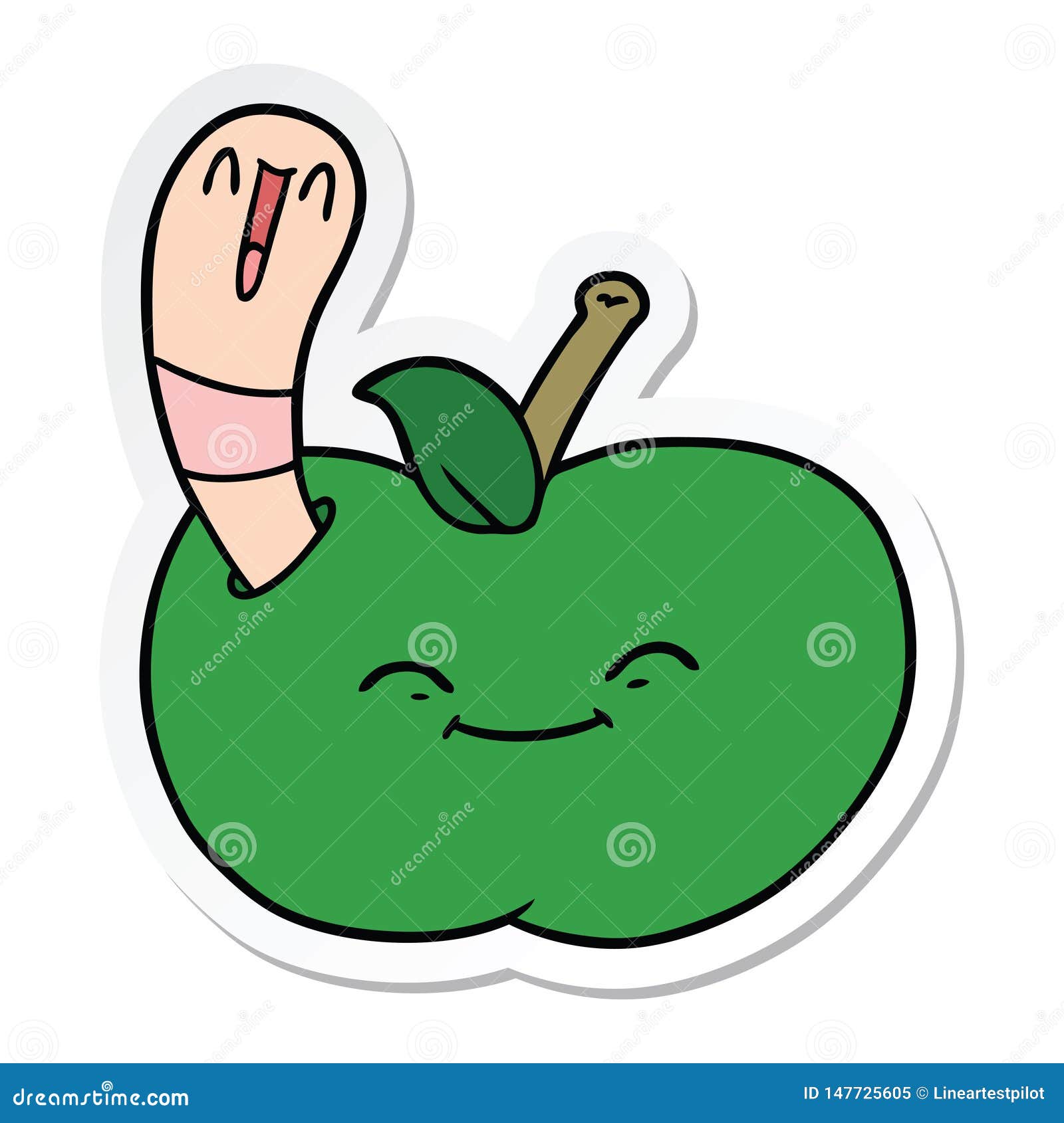 Sticker of a Cartoon Happy Worm in an Apple Stock Vector Illustration