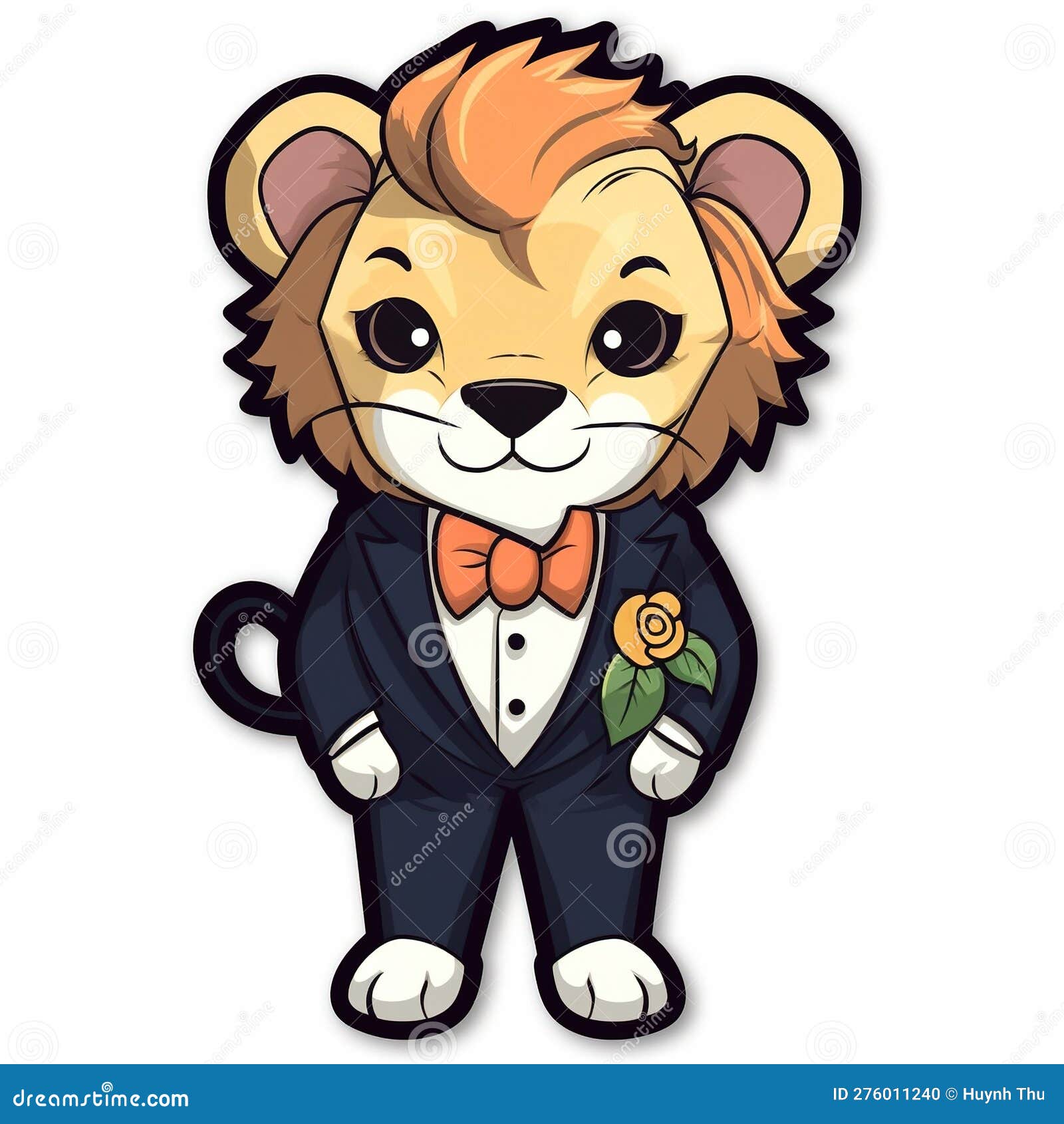 sticker, happy colorful lion wearing tuxedo, kawaii, contour, , white background