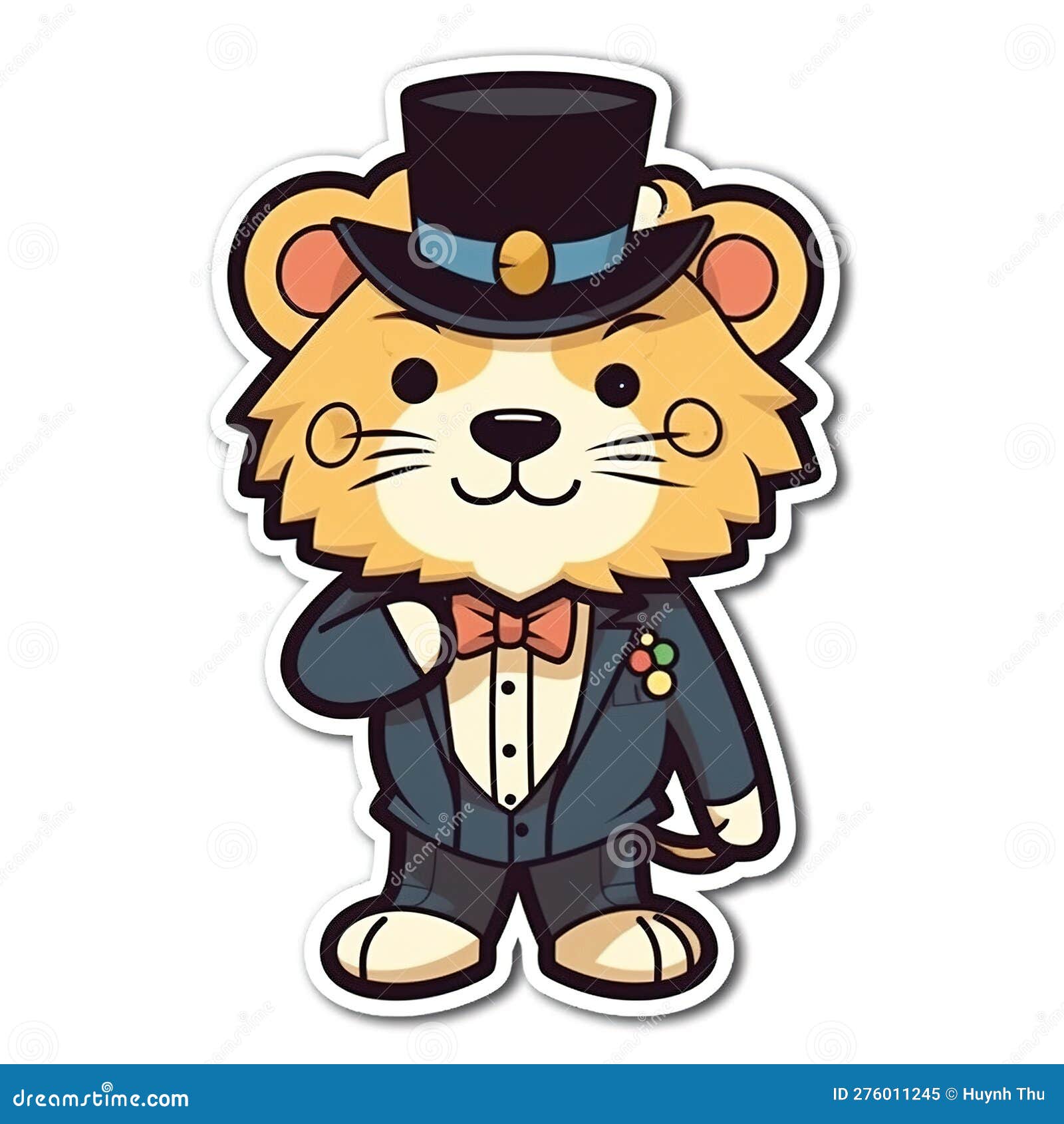 sticker, happy colorful lion wearing tuxedo, kawaii, contour, , white background