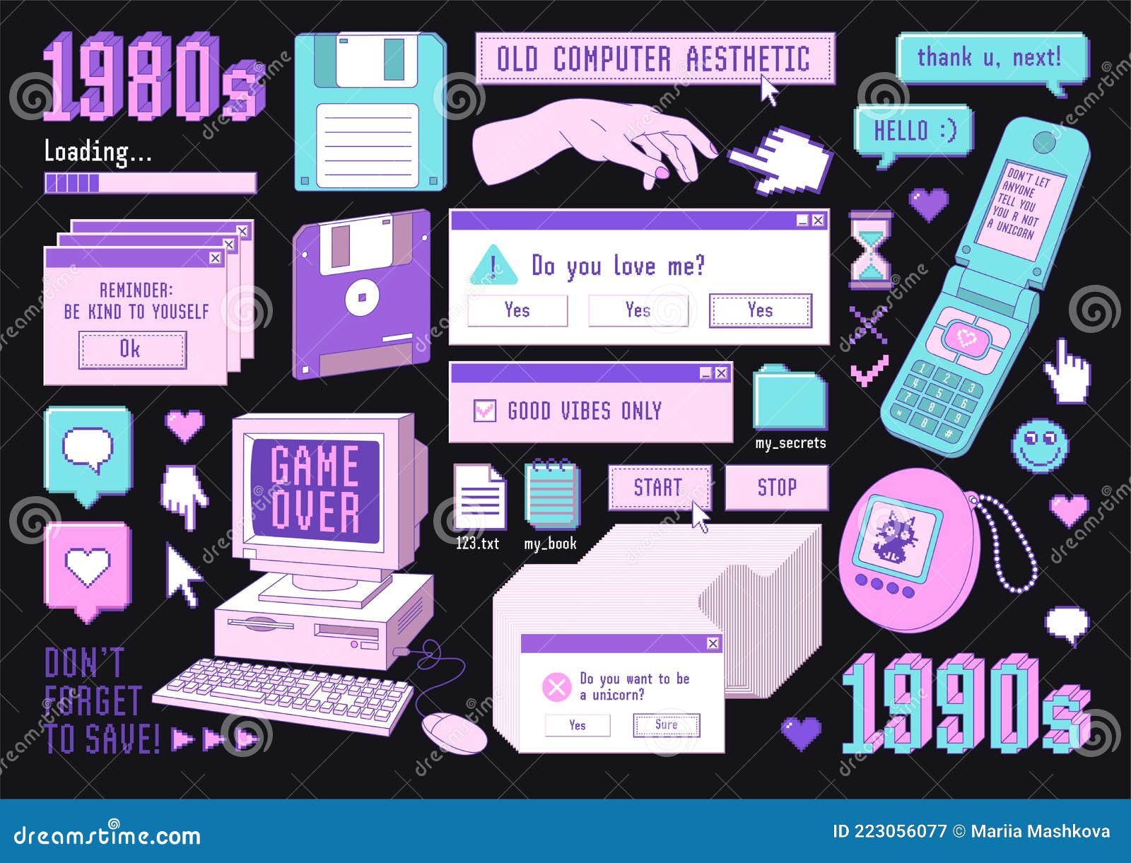 Sticker pack of retro pc elements. Old computer aestethic 1980s -1990s. Sticker pack of retro pc elements. Old computer aestethic. Set of user interface elements and technology illustration in trendy retrowave style. Nostalgia for 1980s -1990s.