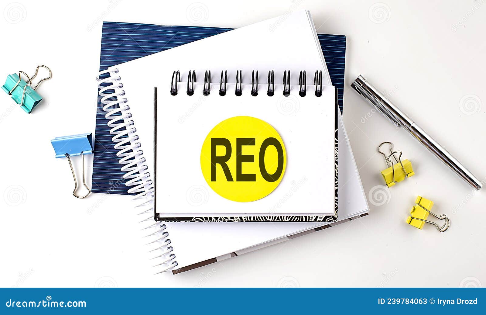 sticker with reo text on the notebooks on white background