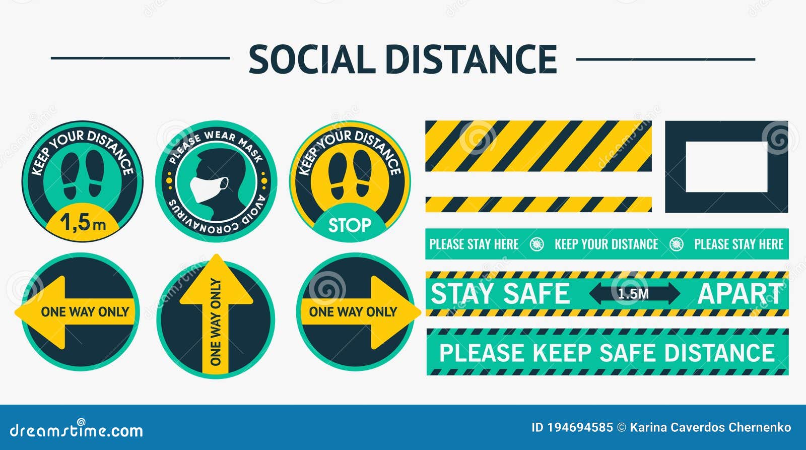 set stickers round social distance. please keep your distance. please put on your mask.