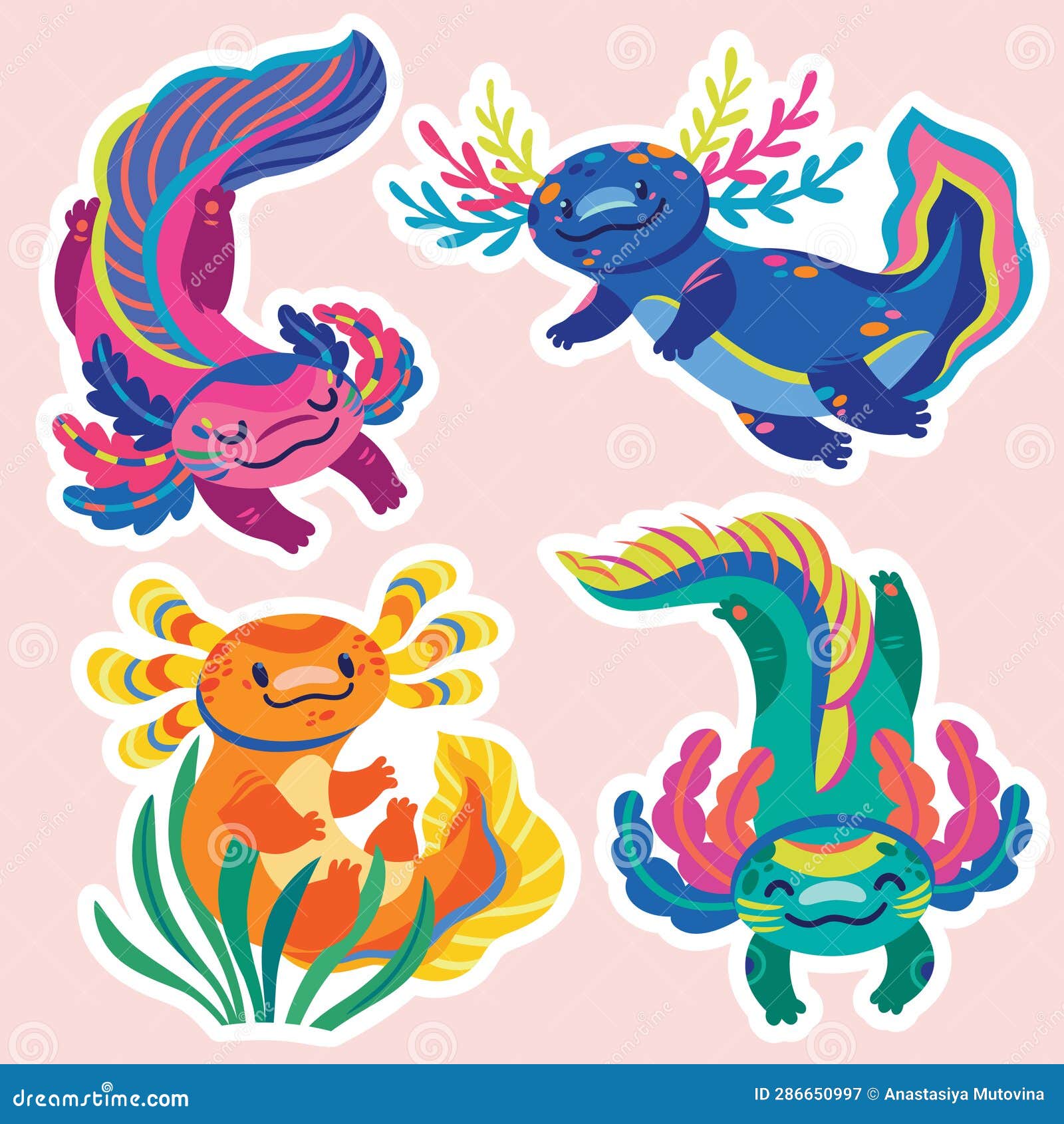 Sticker Set of Cute Cartoon Axolotls, Amphibian Creatures Stock ...