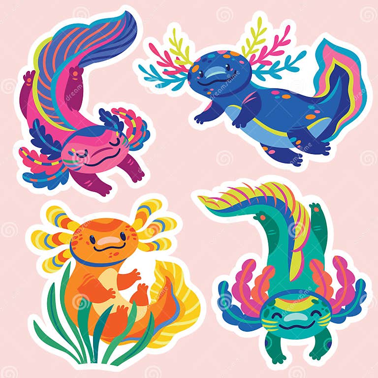 Sticker Set of Cute Cartoon Axolotls, Amphibian Creatures Stock ...