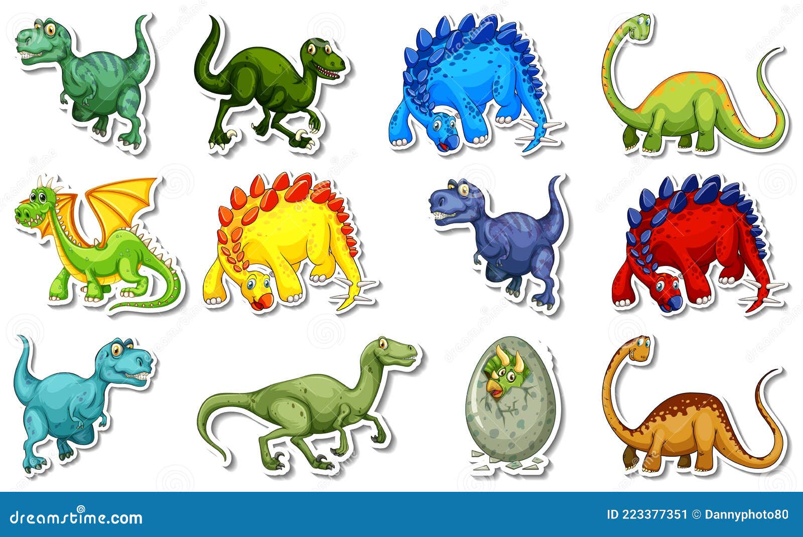 Sticker Set with Different Types of Dinosaurs Cartoon Characters Stock