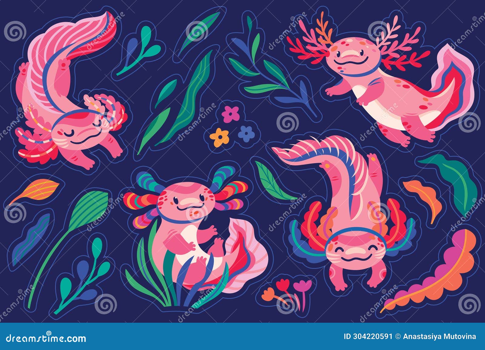 Sticker Set of Four Cute Cartoon Axolotls, Amphibian Creatures are ...