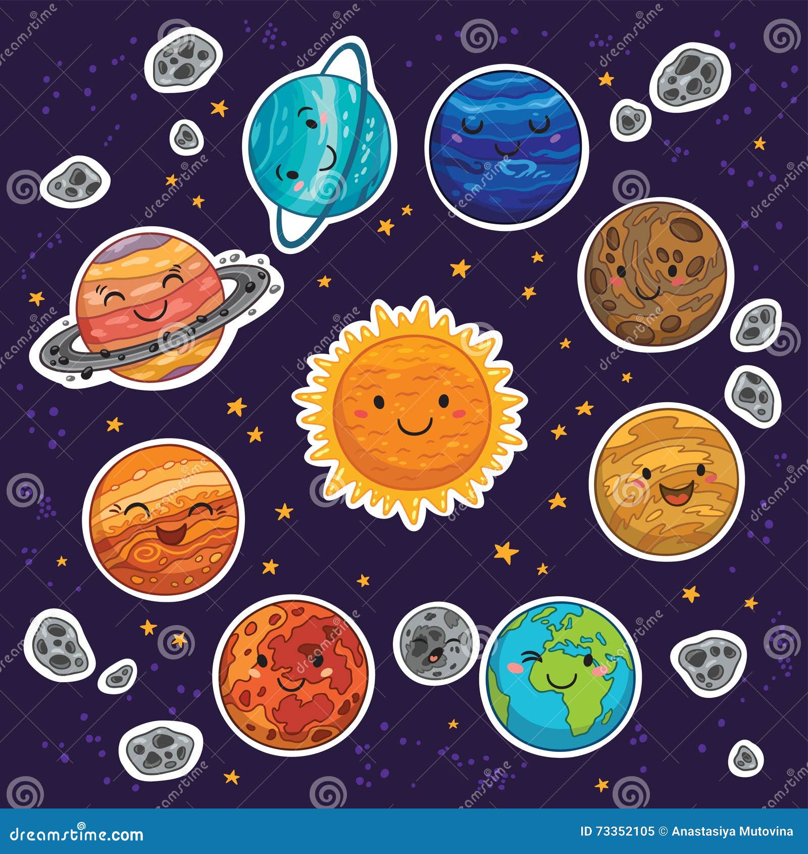 sticker set of solar system with cartoon planets