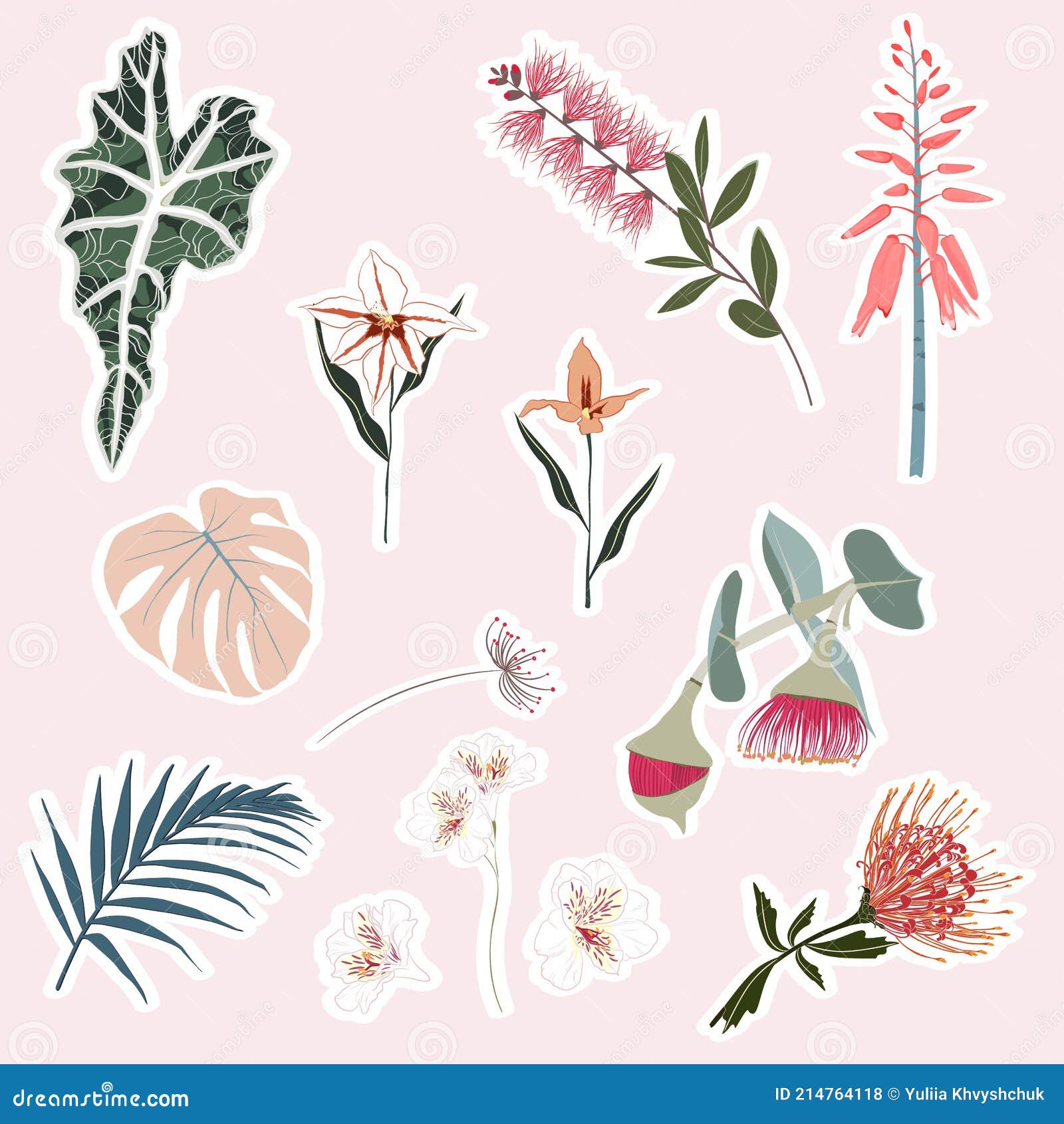 Set of Tropical Flowers and Leaves Elements. Set of Stickers, Pins
