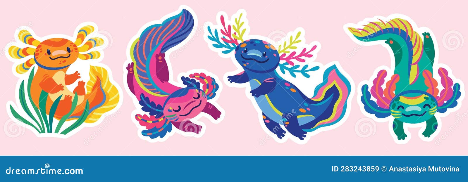 Stickers of Cute Cartoon Axolotls, Amphibian Creatures Stock Vector ...