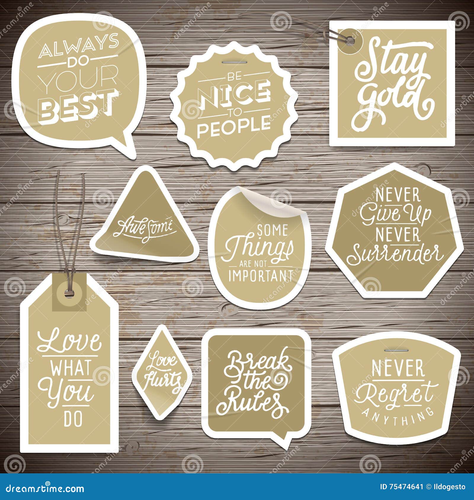 Stickers on Rustic Wood Background Stock Vector Illustration of drawn