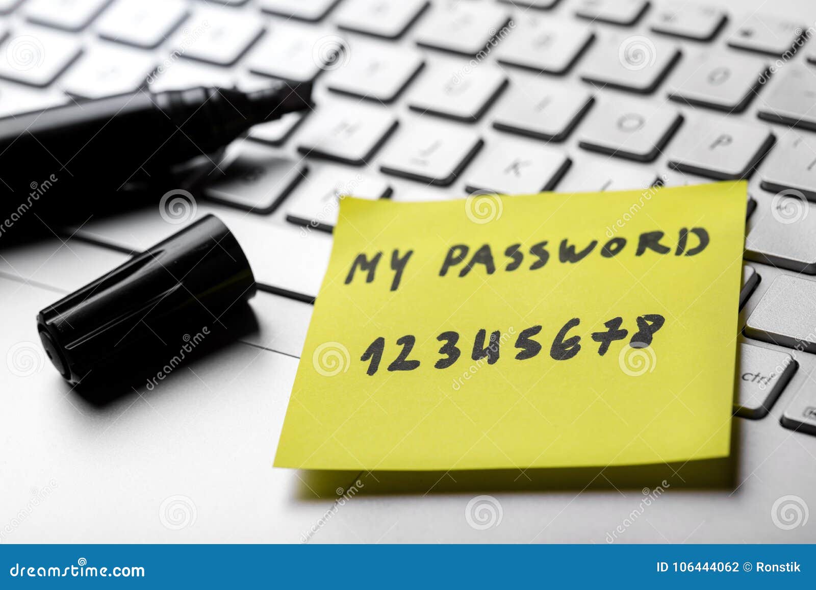 sticky note with weak easy password on laptop keyboard