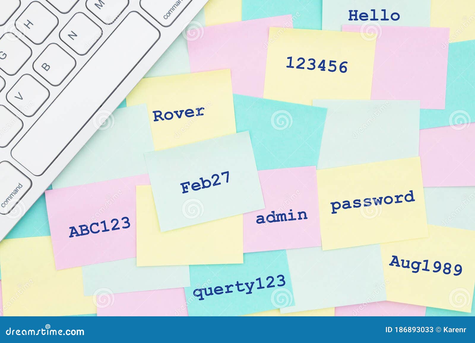 sticky notes with a bunch of the worst passwords