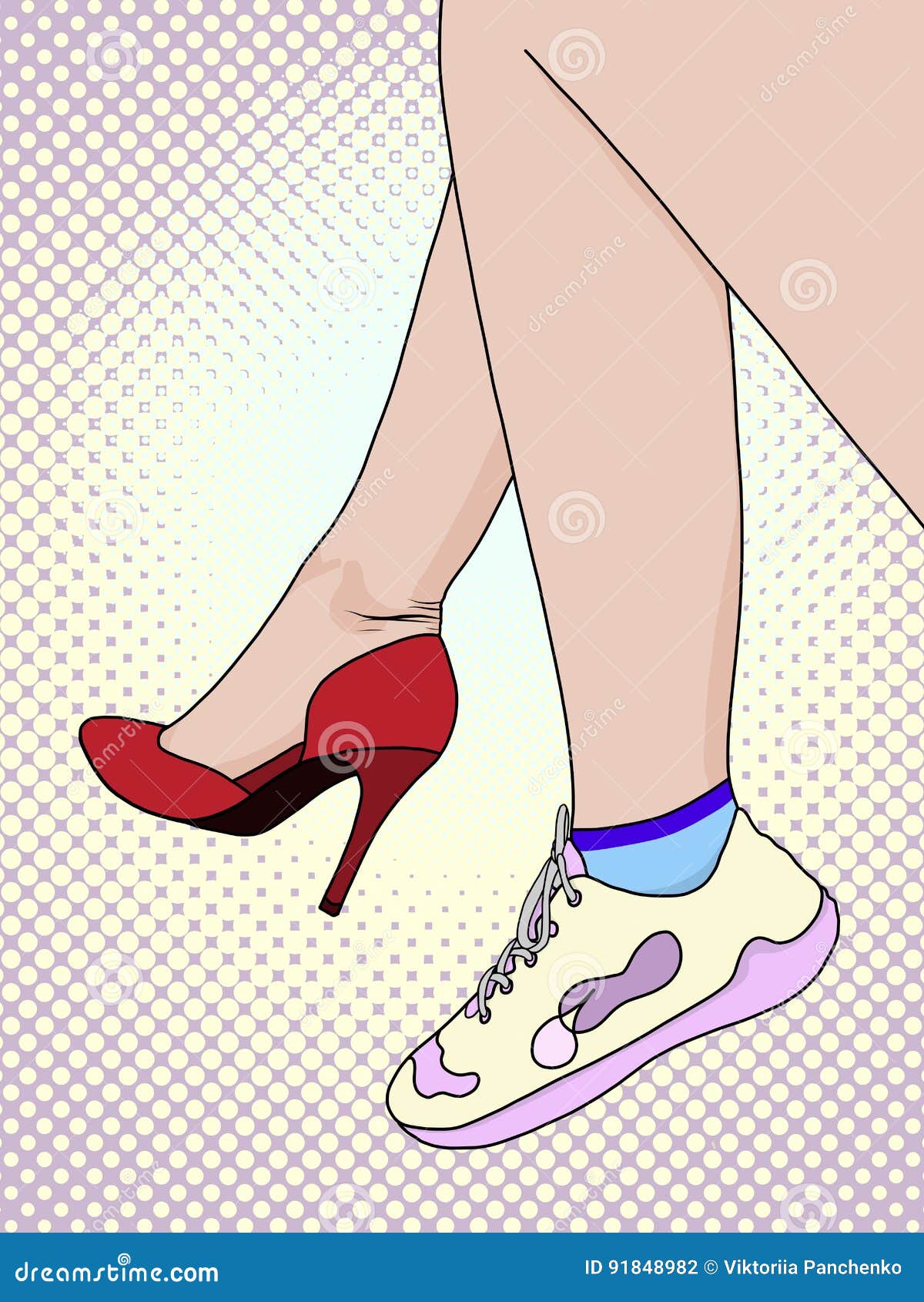 Stile di Pop art delle scarpe delle donne retro Tacchi alti e scarpe rossi di sport, scarpe da tennis Primo piano delle gambe e dei piedi della donna che indossano due scarpe differenti