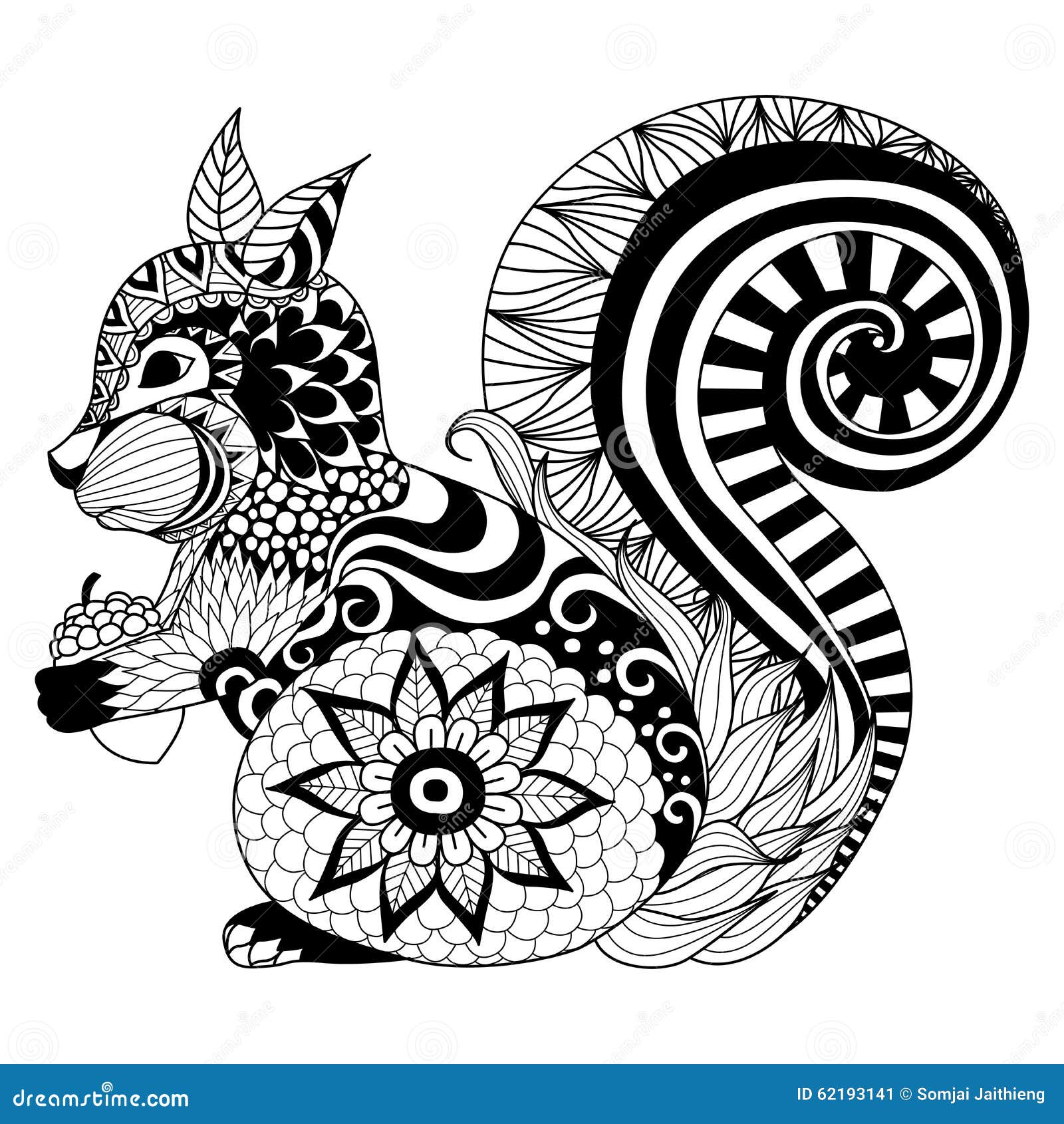 Stile disegnato a mano dello zentangle dello scoiattolo per il libro da colorare tatuaggio pro tazione della maglietta logo