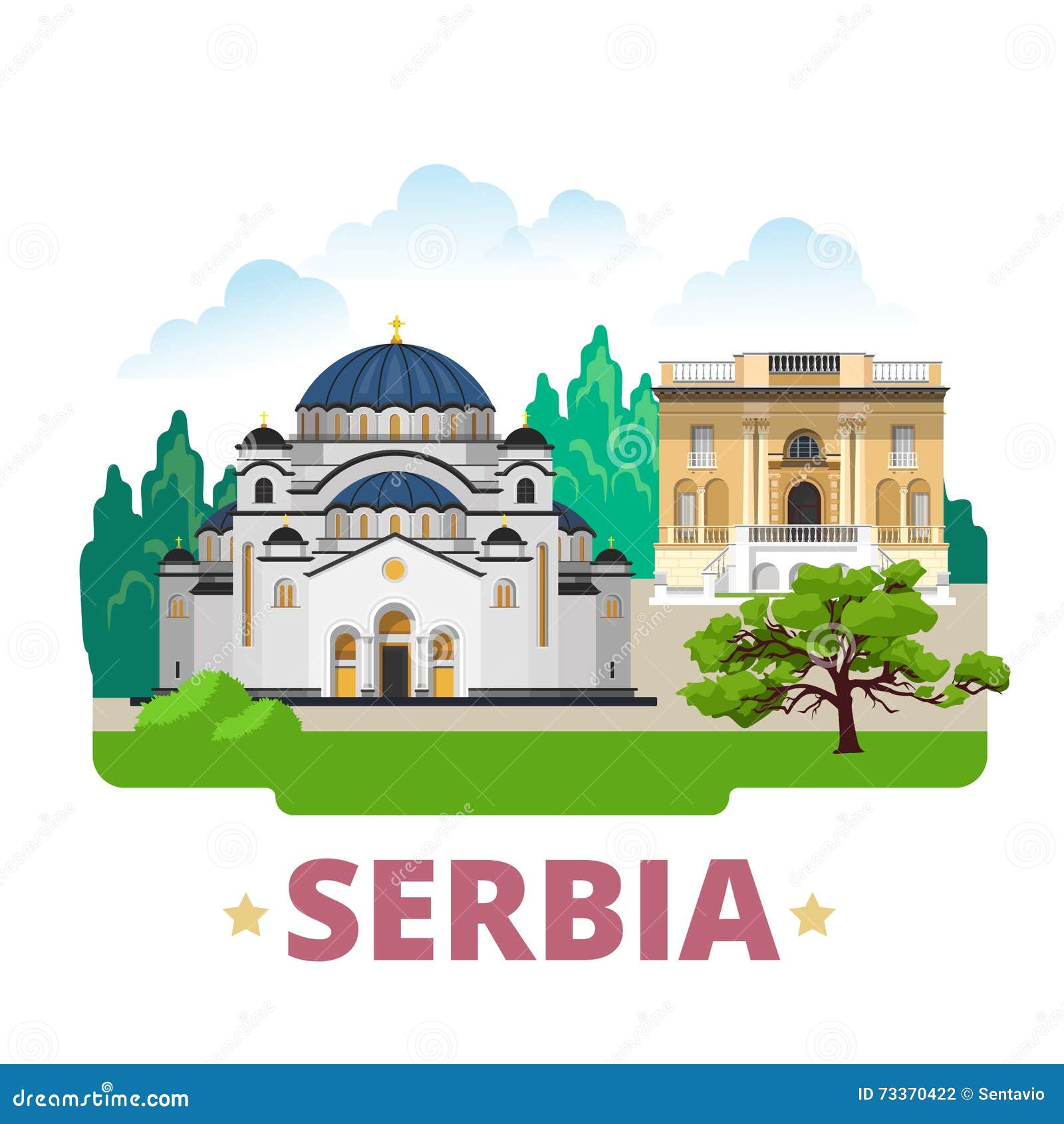 Stile piano del fumetto del modello di progettazione del paese della Serbia. Modello di progettazione del paese della Serbia Illustrazione storica di vettore del sito Web dell'attrazione di vista di stile piano del fumetto Raccolta dell'europeo di Europa di viaggio intorno al mondo Chiesa del san Sava Nikola Tesla Museum a Belgrado