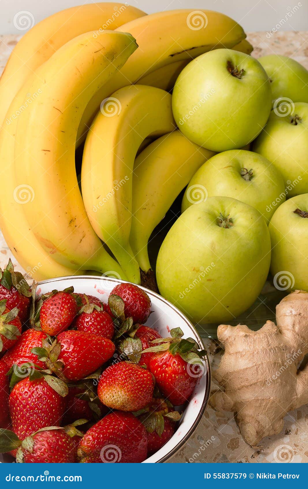 Still Life of Bananas, Apples, Strawberries. Stock Image Image of