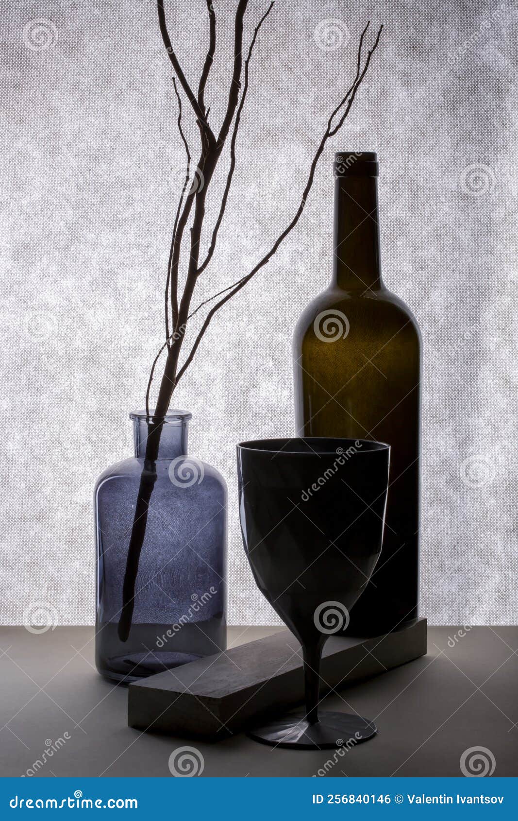 Still Life with Bottle, Vase and Glass Stock Photo Image of