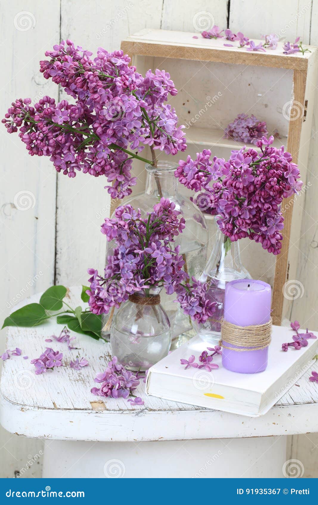 Still Life with a Bouquet of Lilacs and Candle Stock Image - Image of ...