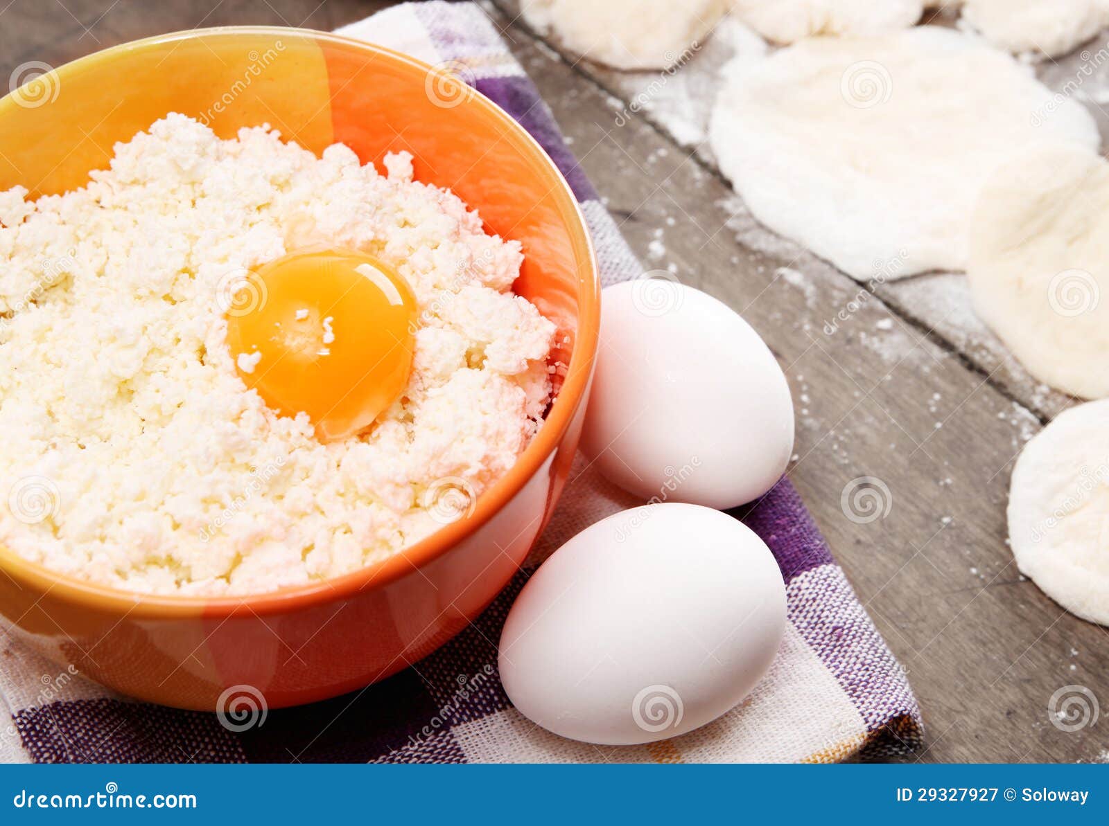 Still Life with Cheese Cottage, Eggs and Pastry Stock Image Image of
