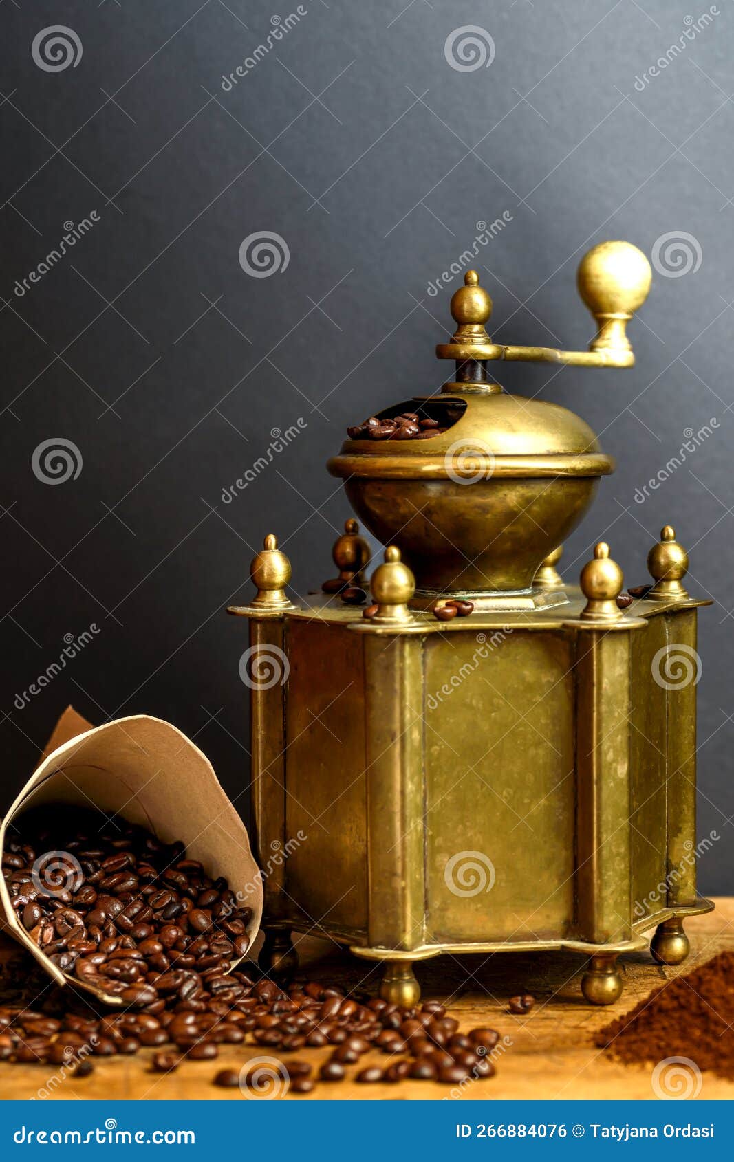 Still Life with Coffee Beans and Old Coffee Grinder Stock Photo Image