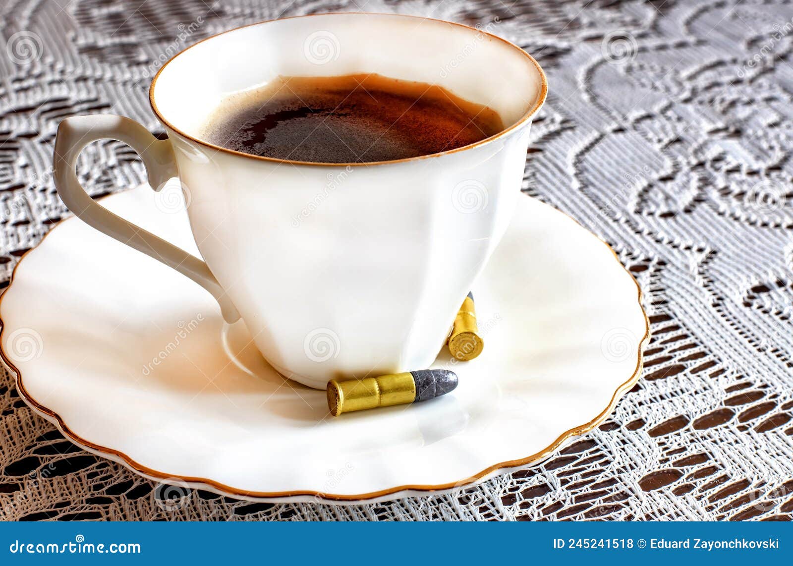 Still Life with Coffee Cup and Bullets on the Table Stock Photo Image