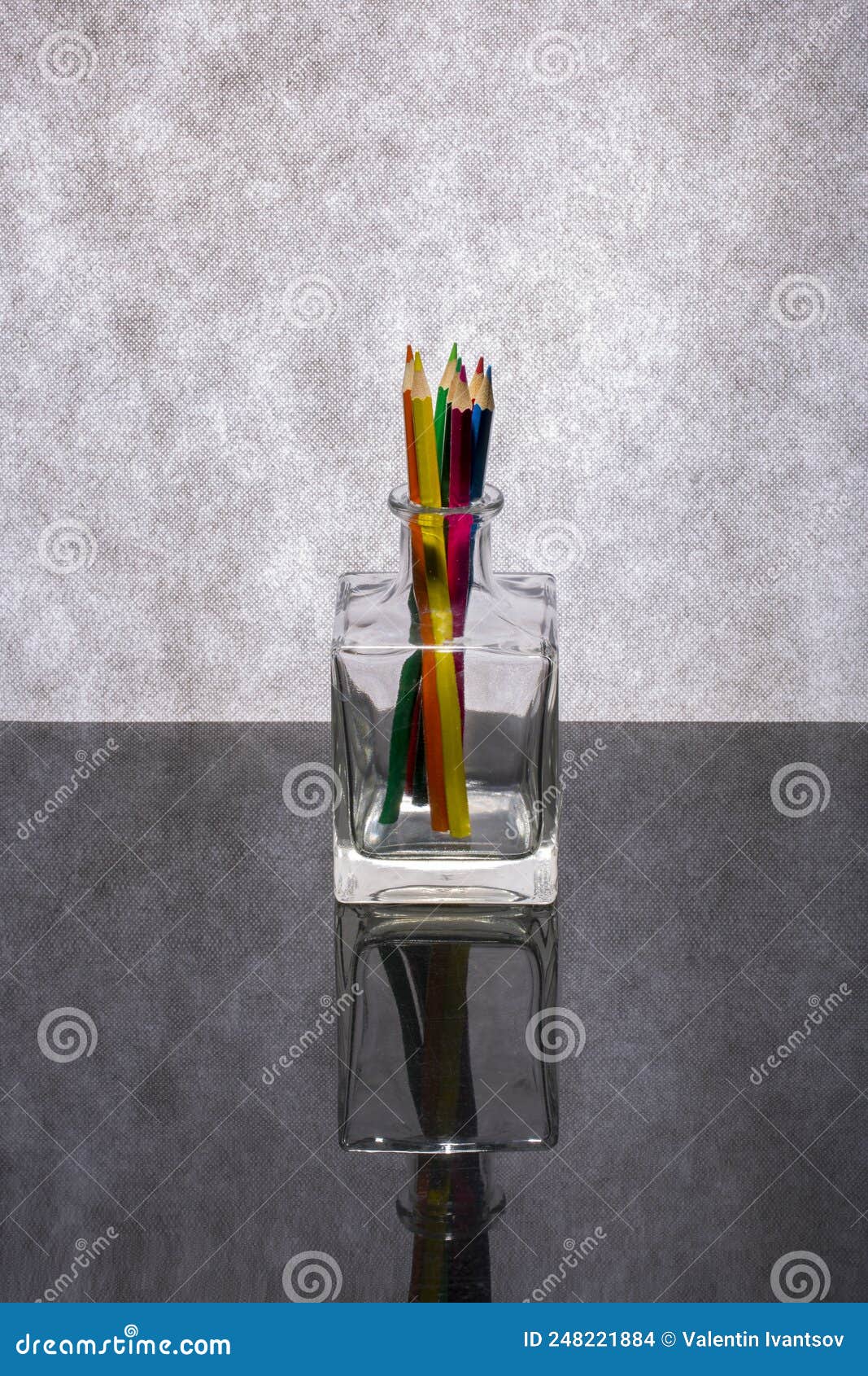 Still Life with Colored Pencils in a Glass Vase Stock Photo Image of