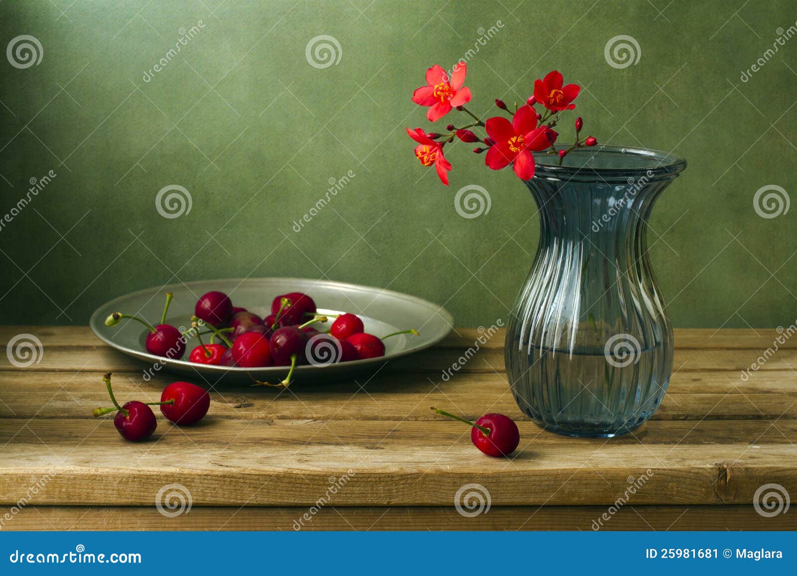still life with flowers and cherries
