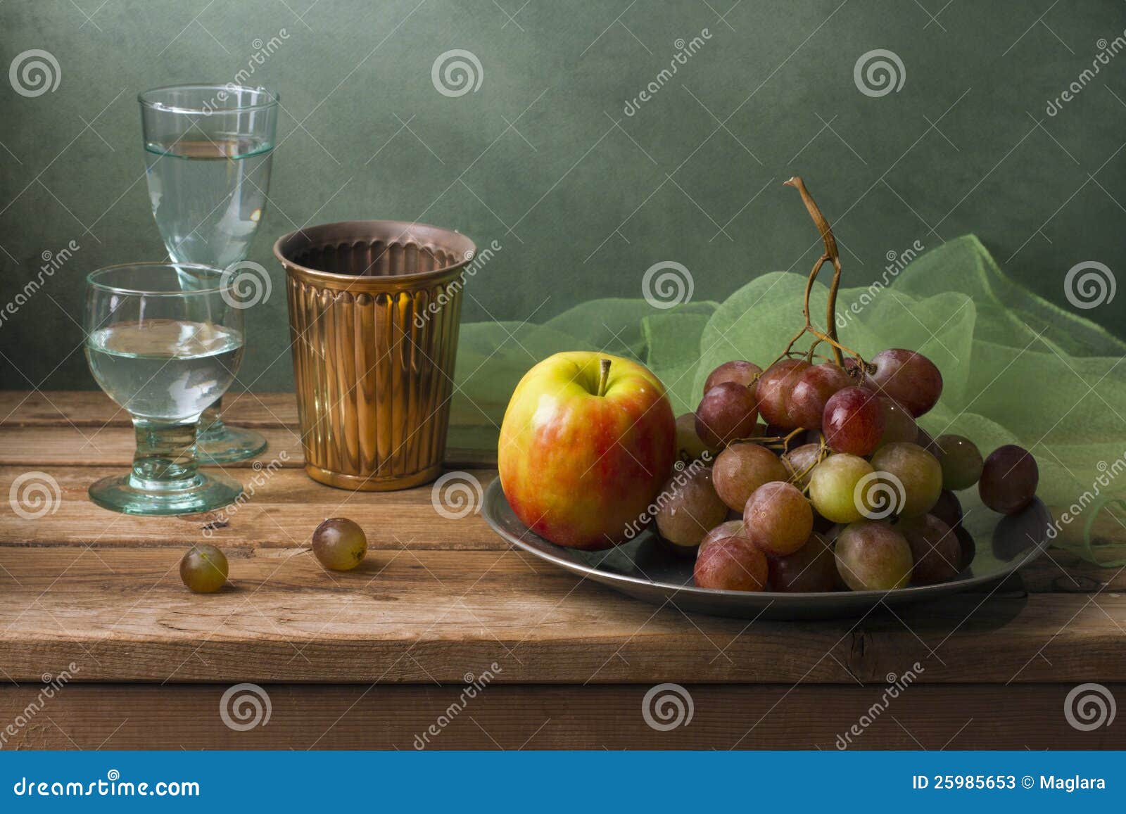 still life with fruits and glasses of water