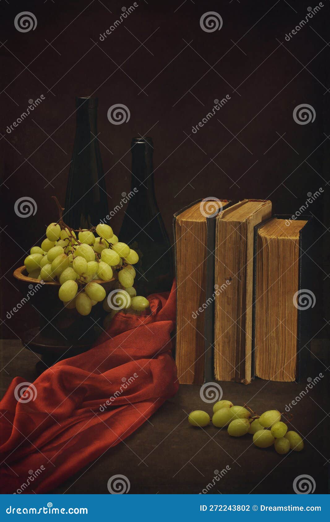 Still Life with Grapes, Old Books and Bottles Stock Photo Image of