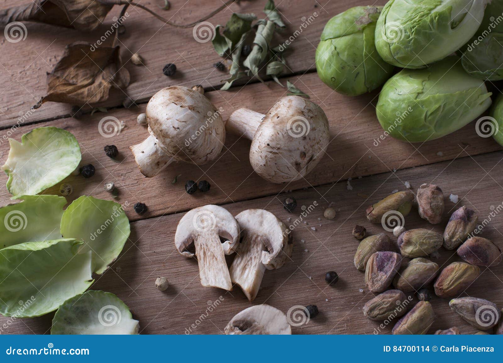 still life mushroom, pistachio and brussels sprouts