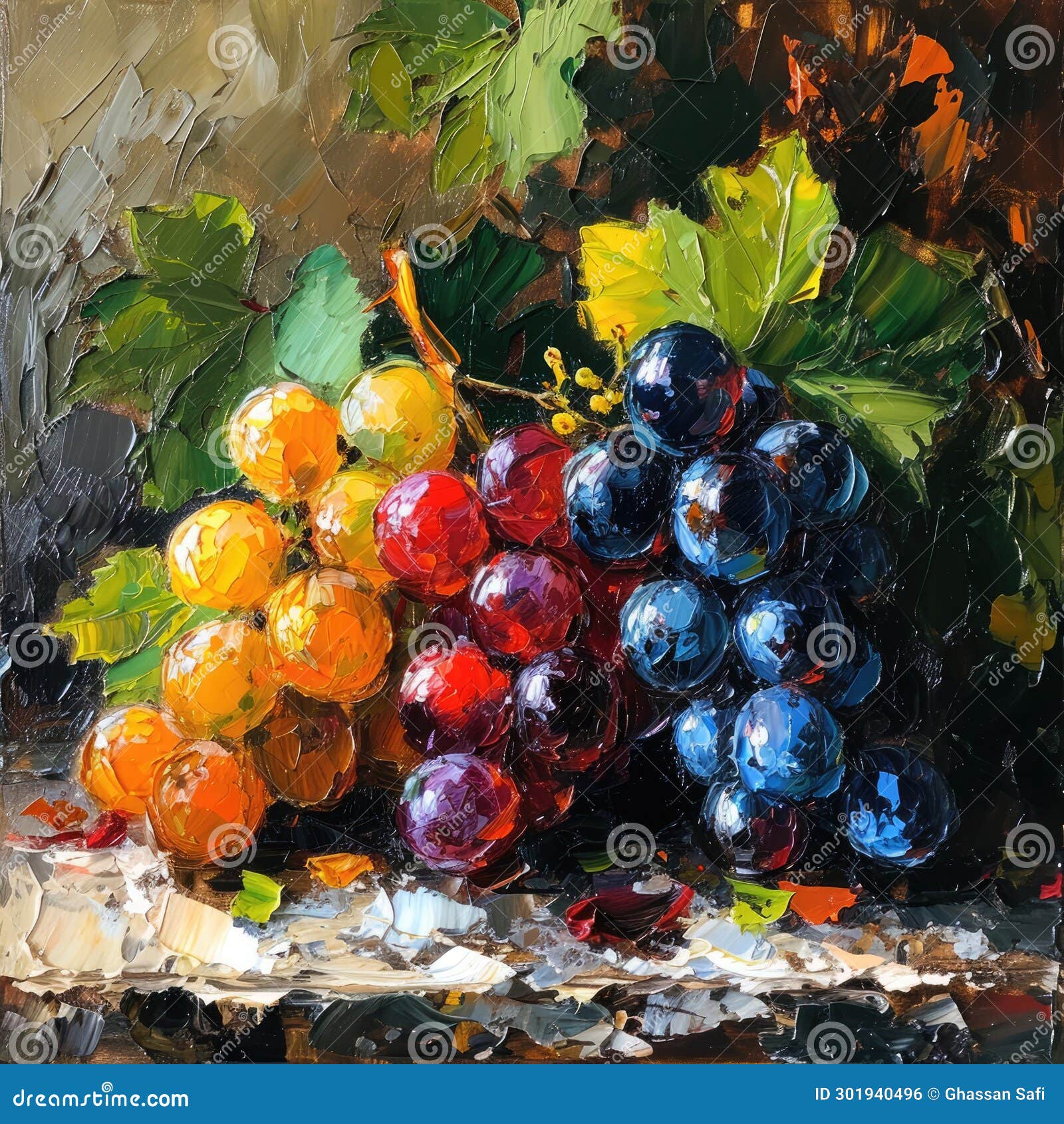 still life painting of colorful grapes using strong brush strokes