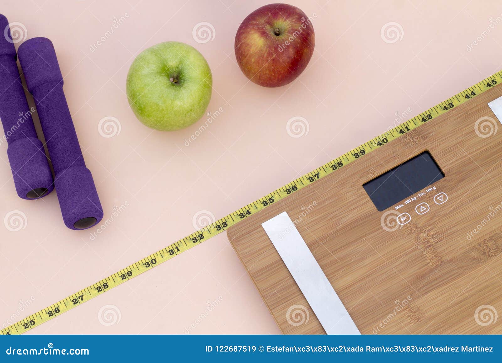 still life photography with apples, weight tape measure and a scale