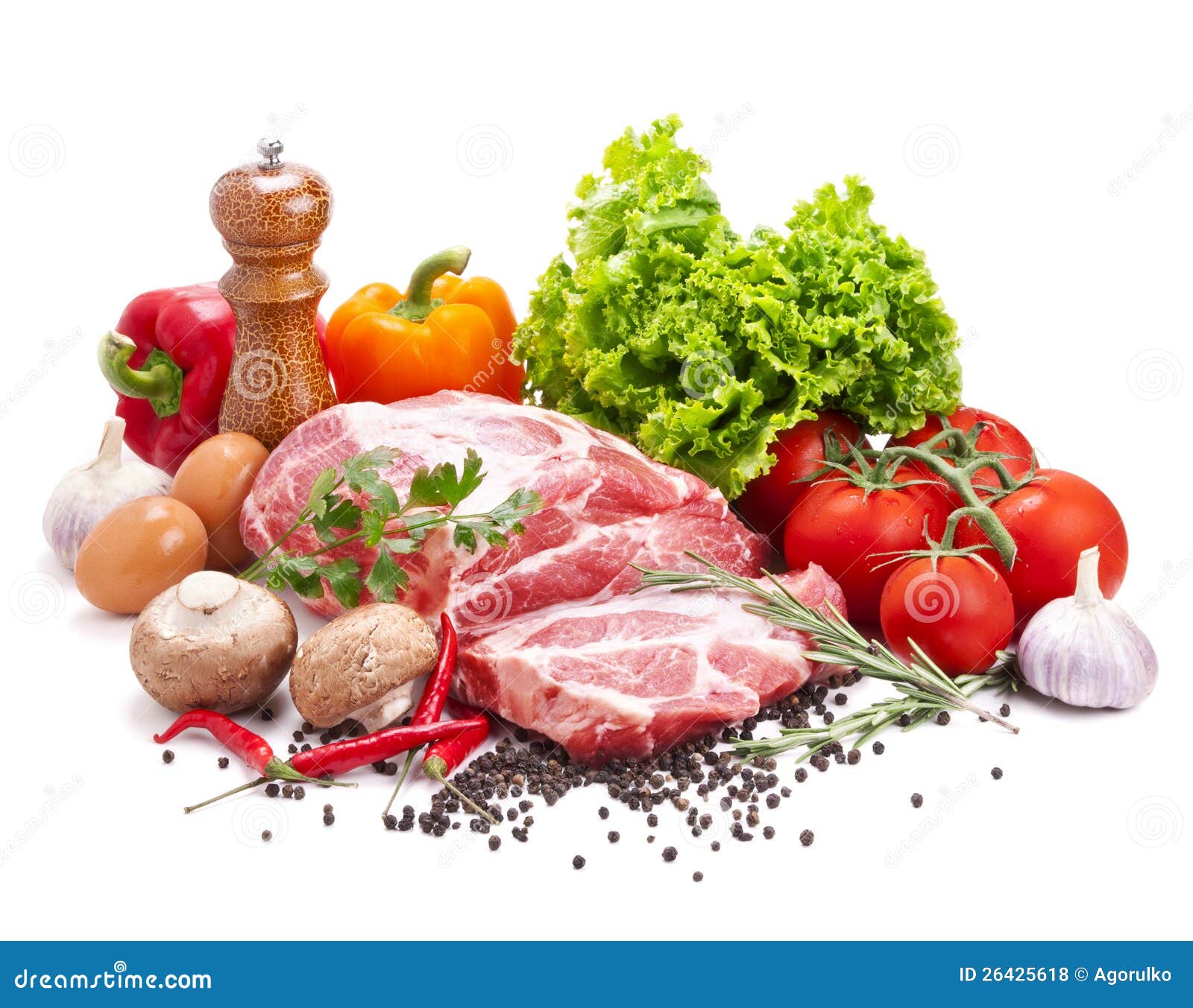 Still Life with Raw Pork Meat and Fresh Vegetables Stock Photo Image