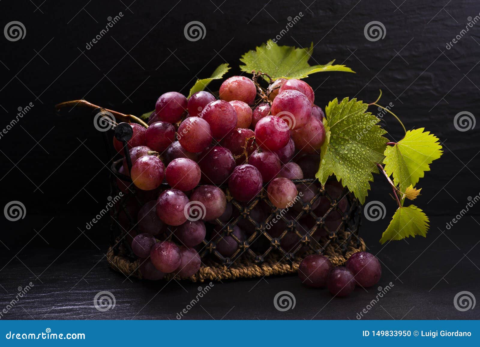 Still Life, Red Grapes with Vine Stock Photo - Image of table ...