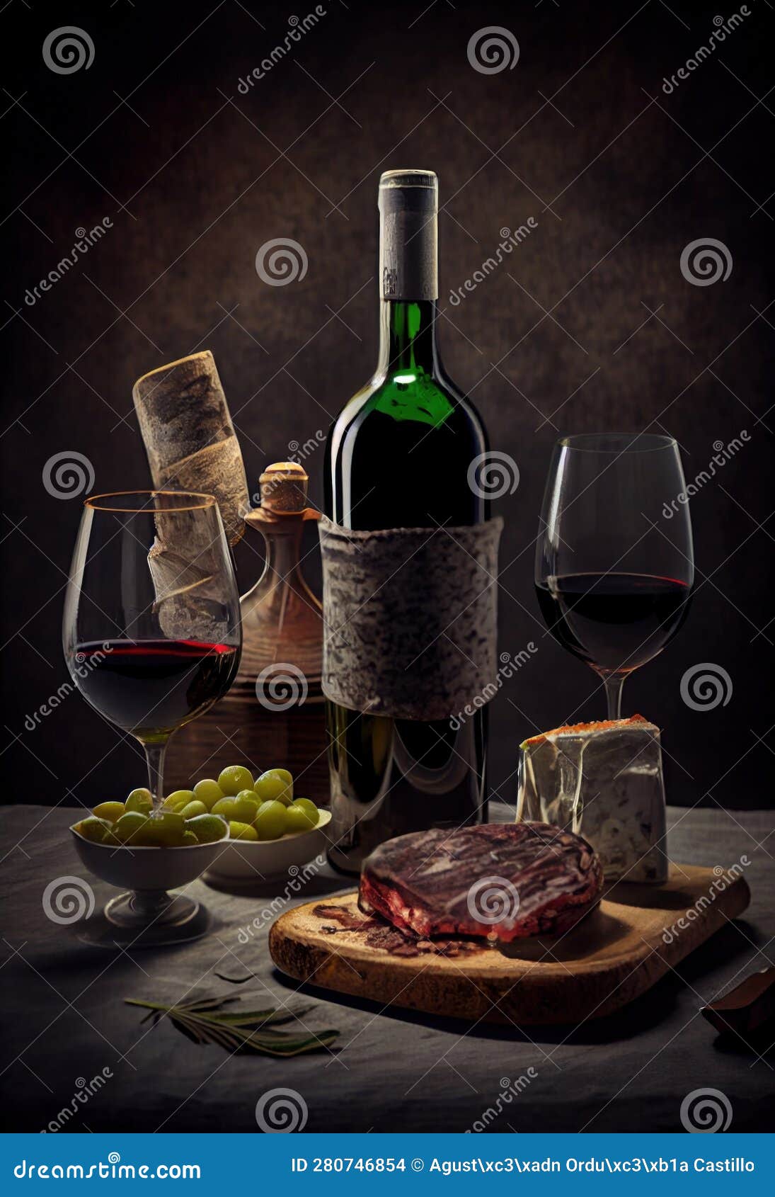 Still Life with Red Wine and Food. Generative AI. Stock Photo Image