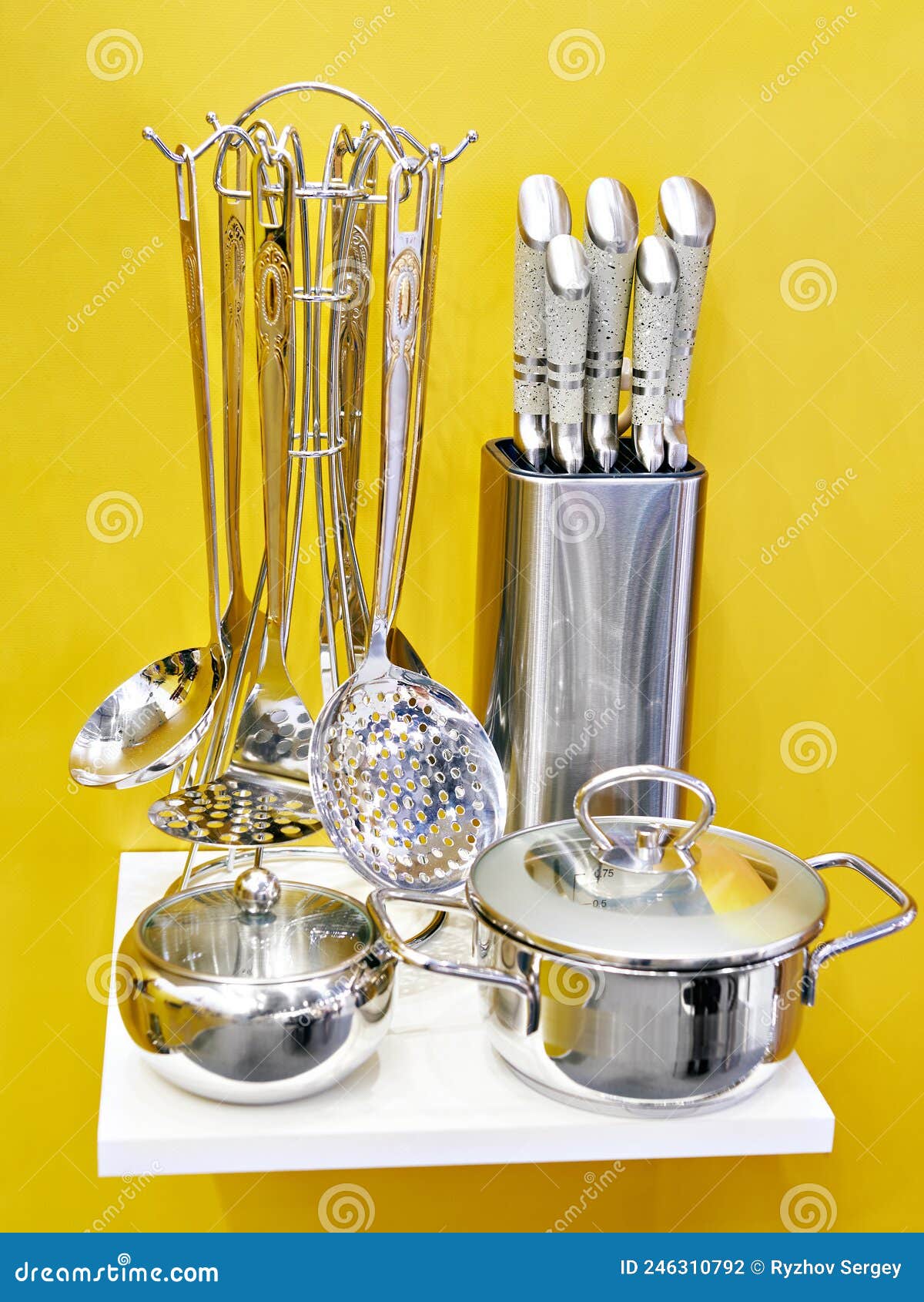 Set of Kitchen Pots and Knives Stock Photo Image of pots, choosing