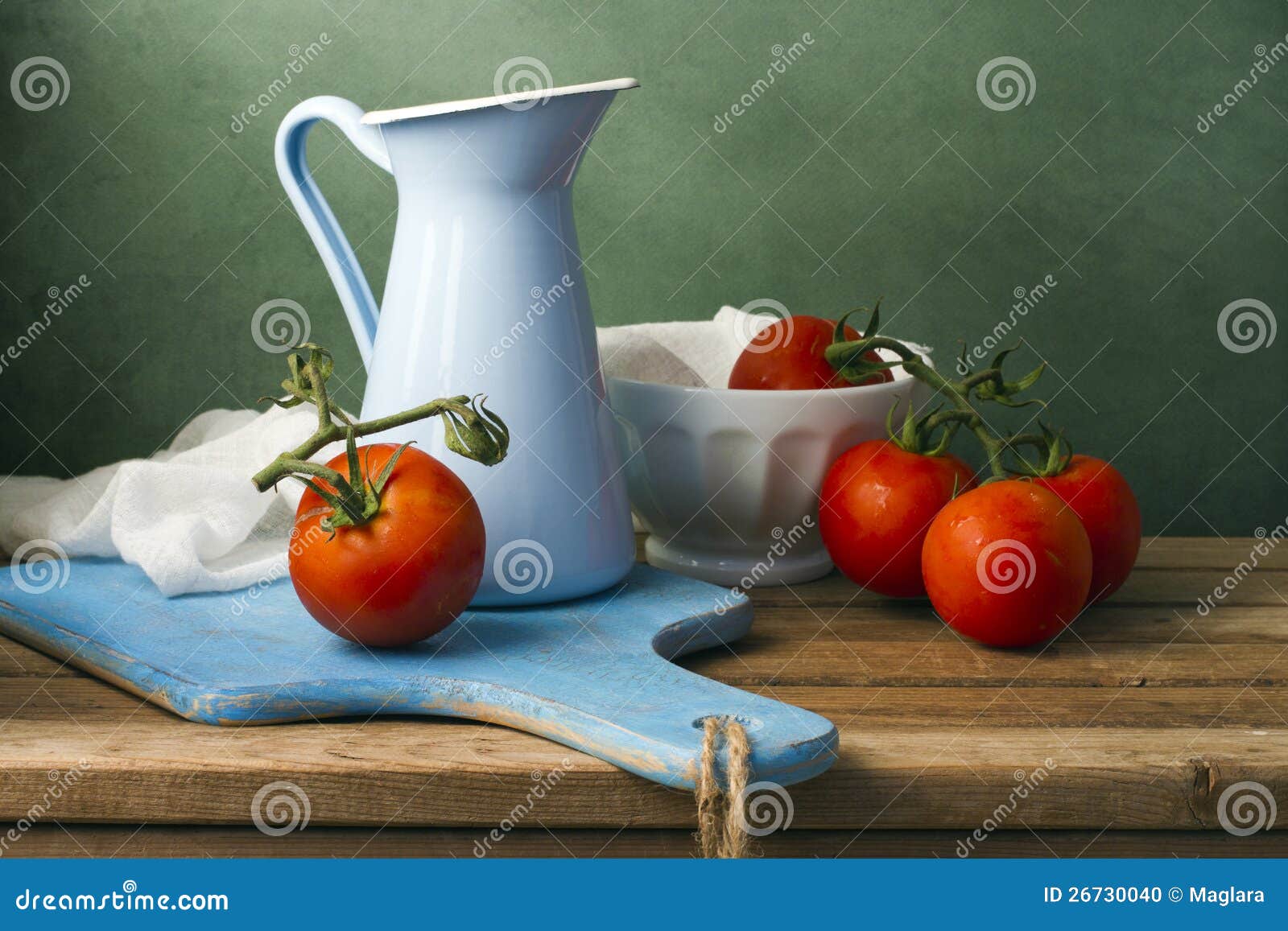 still life with tomatoes and enamel jug