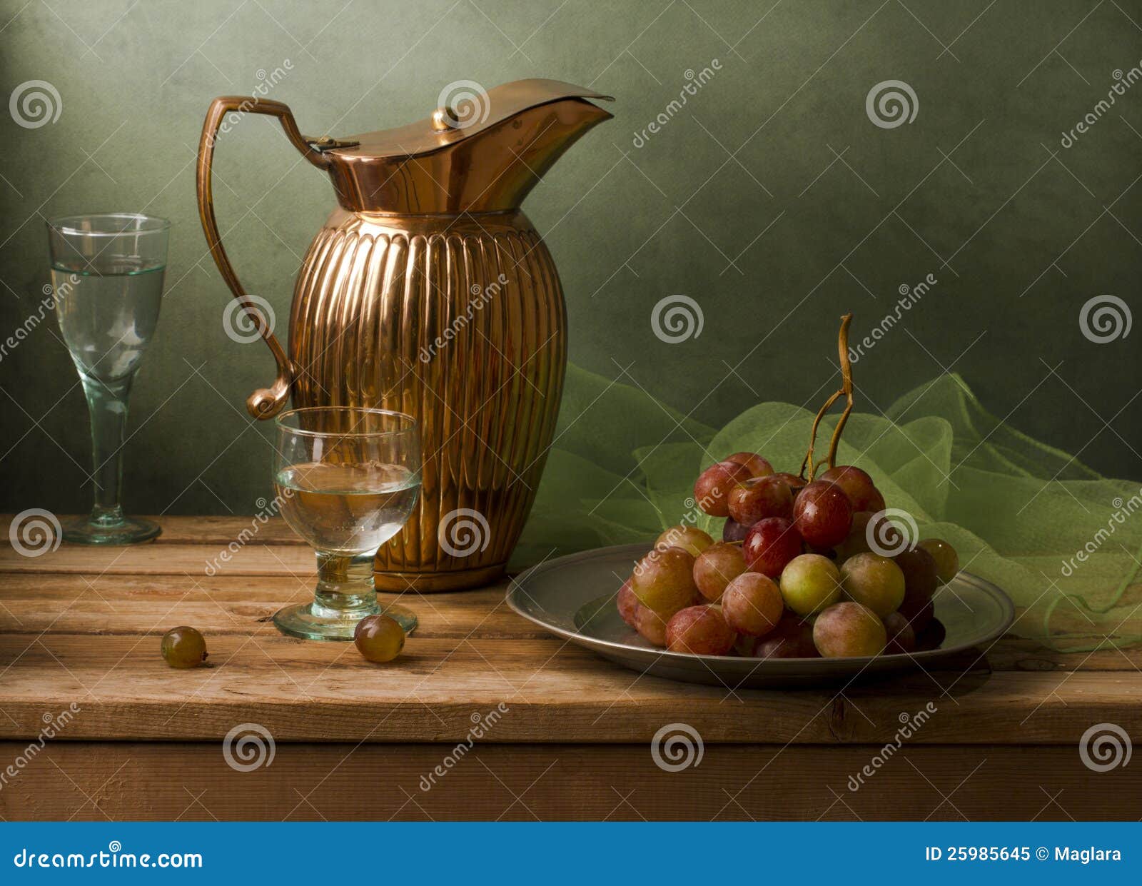 Still Life with Vintage Pitcher and Grapes Stock Image Image of gauze