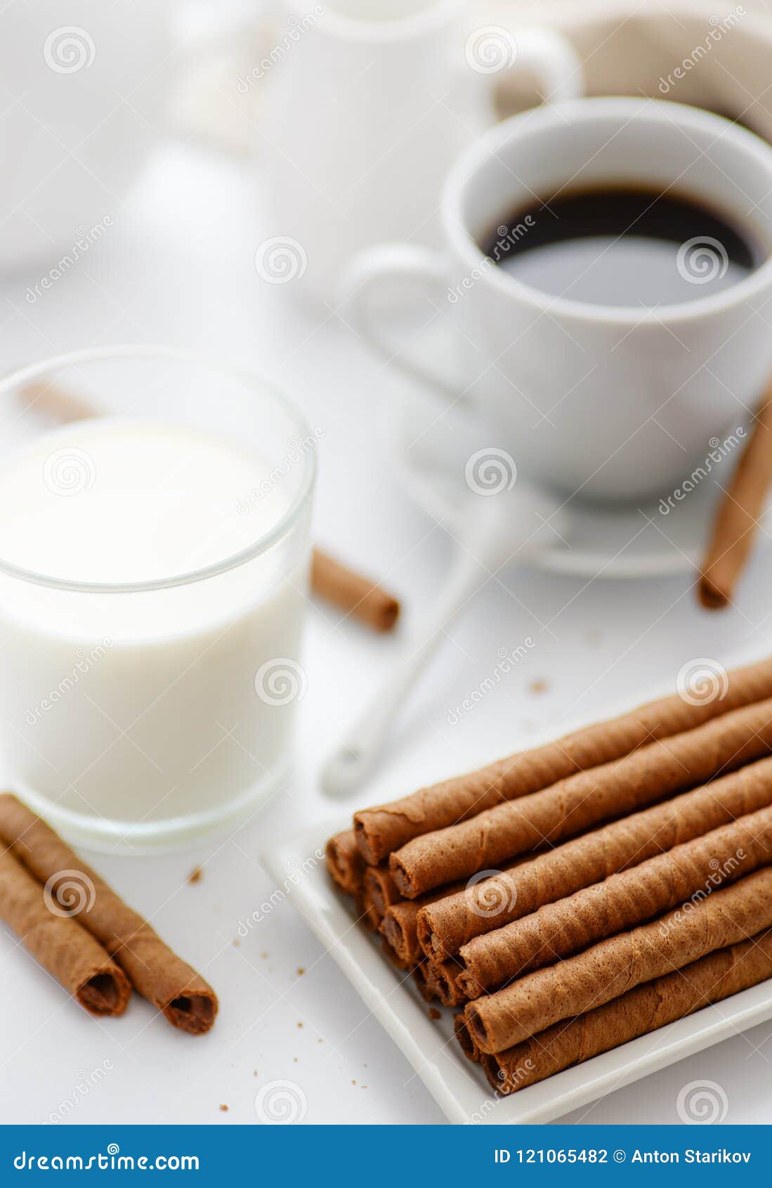 Close Up Wafer Rolls and Milk Stock Photo - Image of brown ...