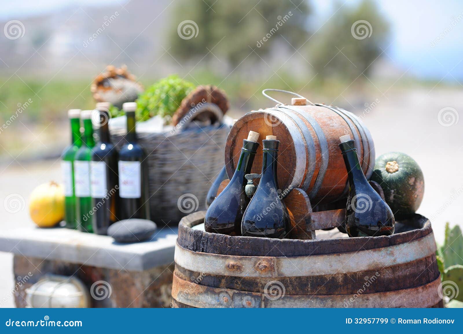 Stilllife with Wine Bottles and Barrels Stock Image Image of