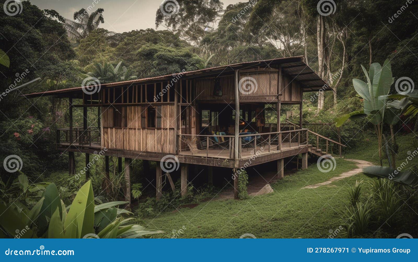 Stilt House on Tropical Water Surrounded by Forest Generated by AI