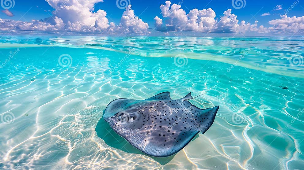 Stingray Gliding through Clear Shallow Waters, Clouds Above. Serene ... Biology Diagrams